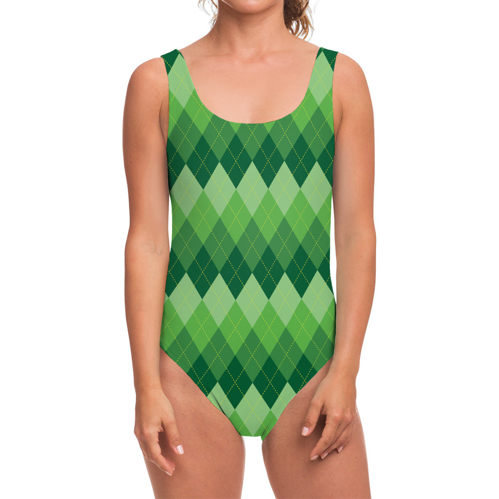 Grass Green Argyle Pattern Print One Piece Swimsuit