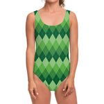 Grass Green Argyle Pattern Print One Piece Swimsuit