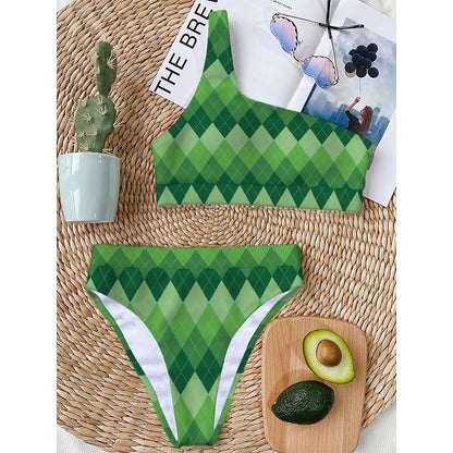Grass Green Argyle Pattern Print One Shoulder Bikini Top