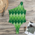 Grass Green Argyle Pattern Print One Shoulder Bodysuit