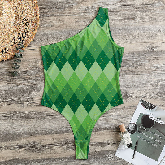 Grass Green Argyle Pattern Print One Shoulder Bodysuit
