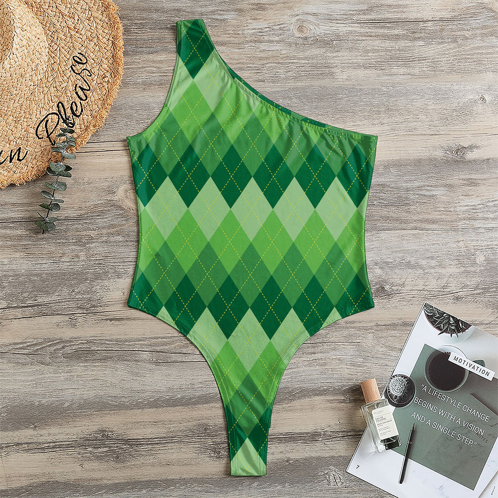 Grass Green Argyle Pattern Print One Shoulder Bodysuit