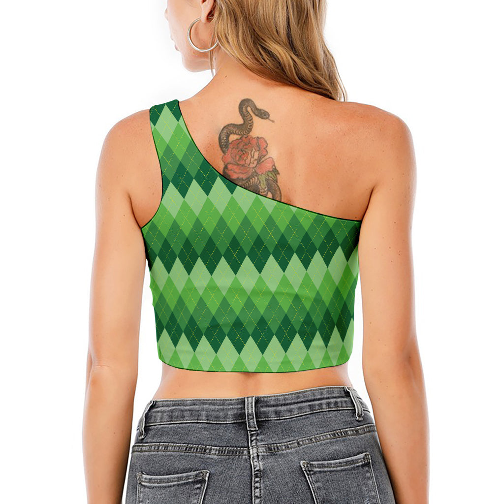 Grass Green Argyle Pattern Print One Shoulder Crop Top