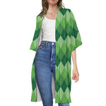 Grass Green Argyle Pattern Print Open Front Beach Cover Up