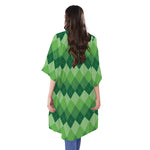 Grass Green Argyle Pattern Print Open Front Beach Cover Up