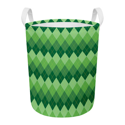 Grass Green Argyle Pattern Print Round Laundry Basket