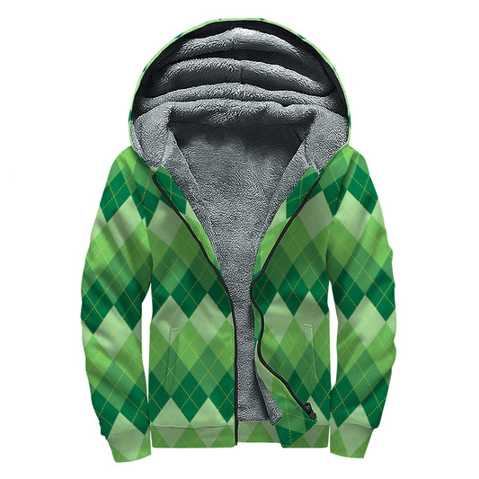 Grass Green Argyle Pattern Print Sherpa Lined Zip Up Hoodie