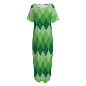 Grass Green Argyle Pattern Print Short Sleeve Long Nightdress