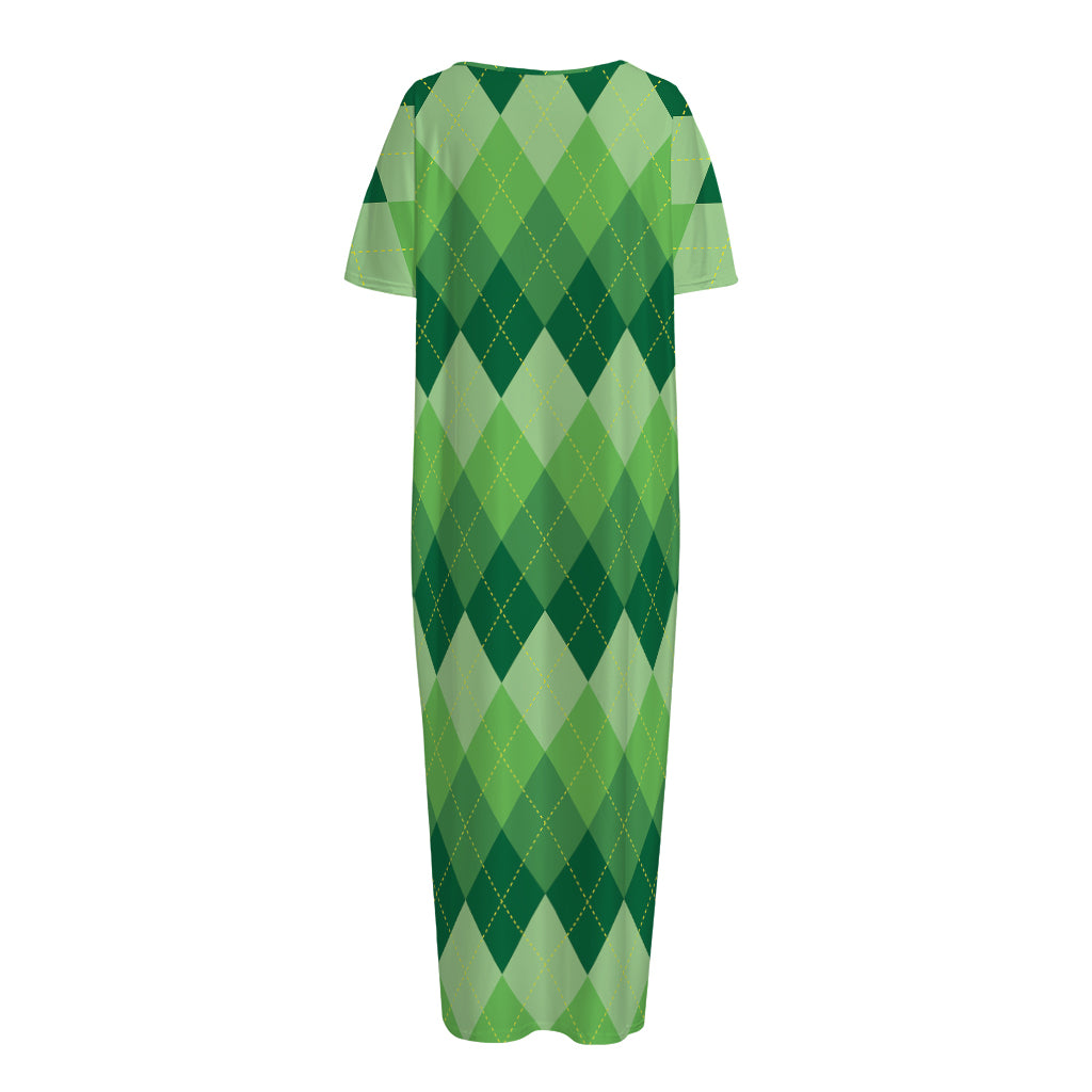 Grass Green Argyle Pattern Print Short Sleeve Long Nightdress