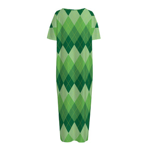 Grass Green Argyle Pattern Print Short Sleeve Long Nightdress