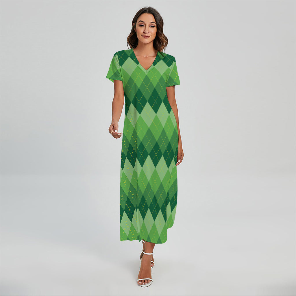 Grass Green Argyle Pattern Print Short Sleeve Maxi Dress