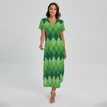 Grass Green Argyle Pattern Print Short Sleeve Maxi Dress