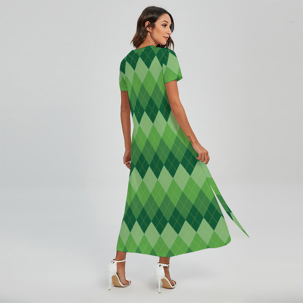 Grass Green Argyle Pattern Print Short Sleeve Maxi Dress