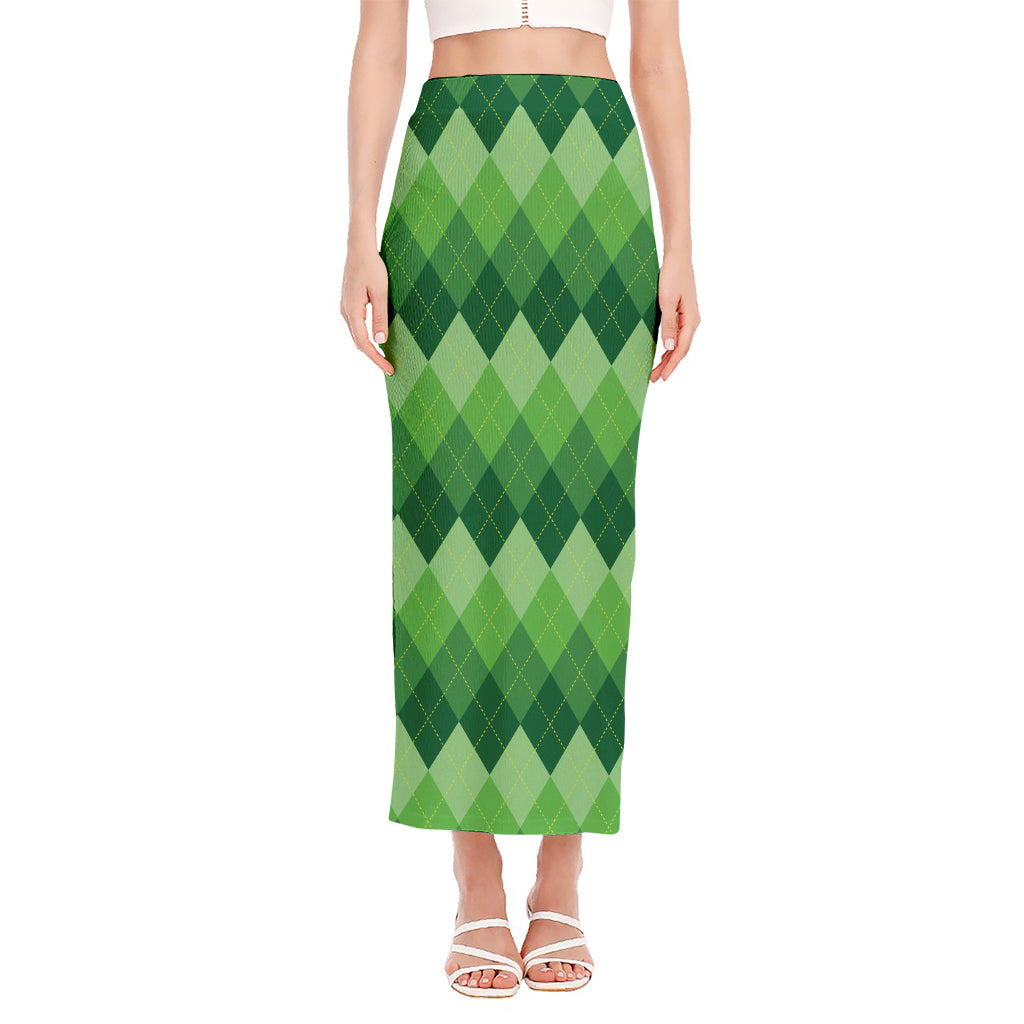 Grass Green Argyle Pattern Print Side Slit Maxi Skirt