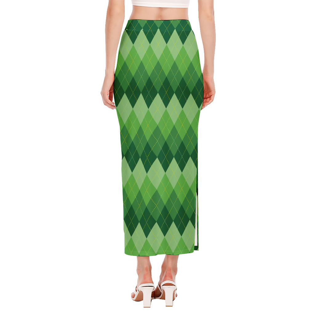 Grass Green Argyle Pattern Print Side Slit Maxi Skirt