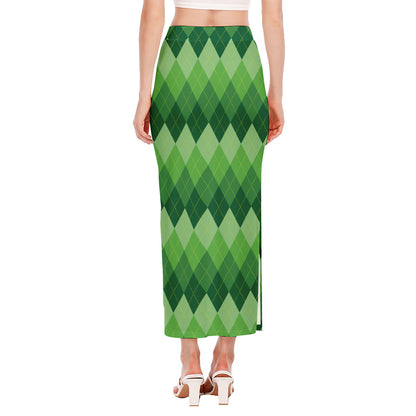 Grass Green Argyle Pattern Print Side Slit Maxi Skirt