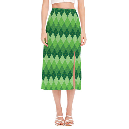 Grass Green Argyle Pattern Print Side Slit Midi Skirt