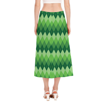 Grass Green Argyle Pattern Print Side Slit Midi Skirt