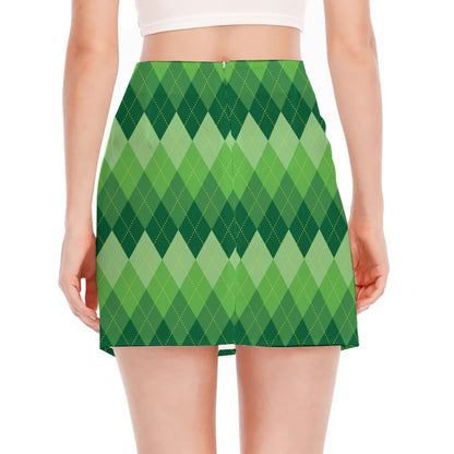 Grass Green Argyle Pattern Print Side Slit Mini Skirt