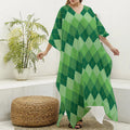 Grass Green Argyle Pattern Print Silk V-Neck Kaftan Dress