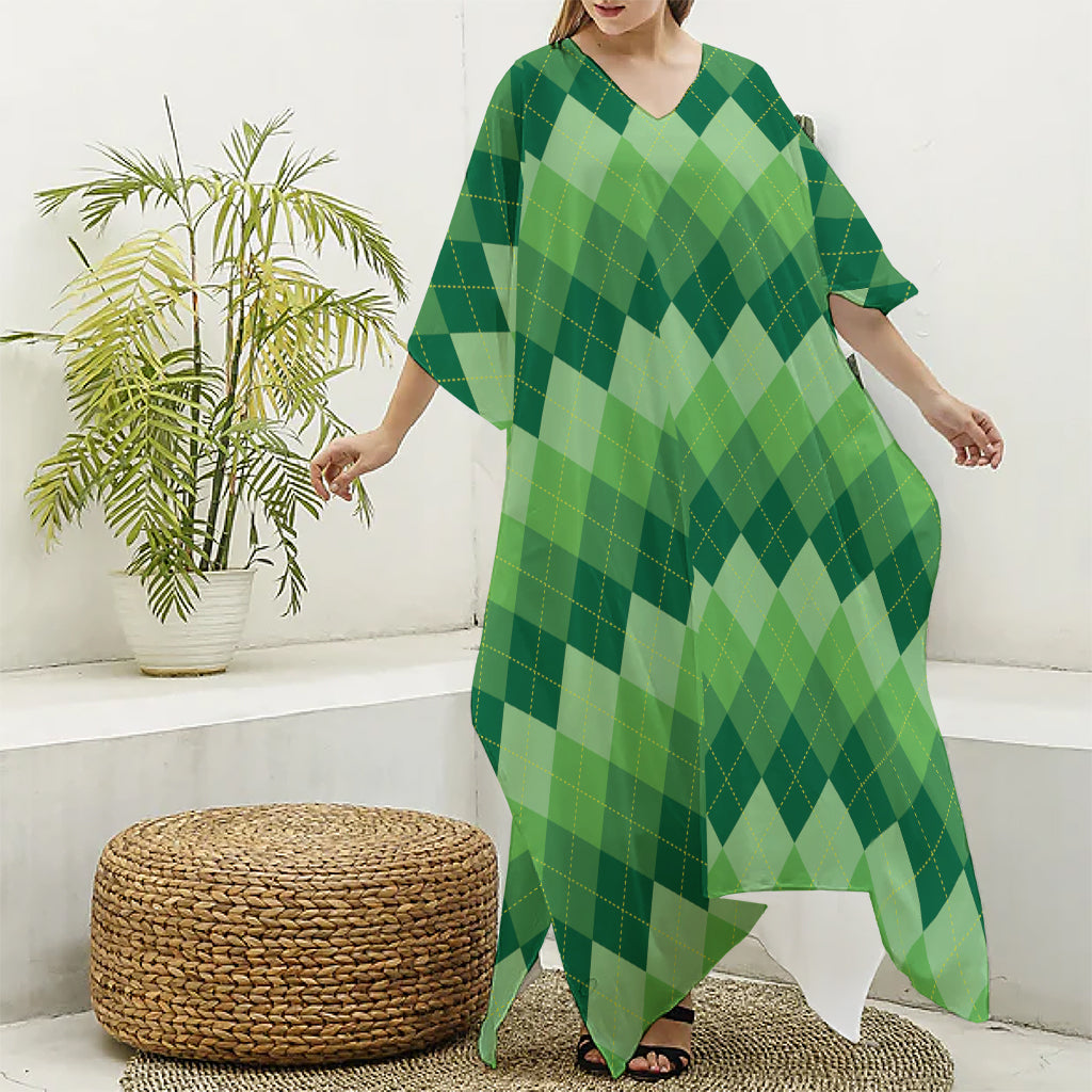 Grass Green Argyle Pattern Print Silk V-Neck Kaftan Dress