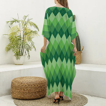 Grass Green Argyle Pattern Print Silk V-Neck Kaftan Dress