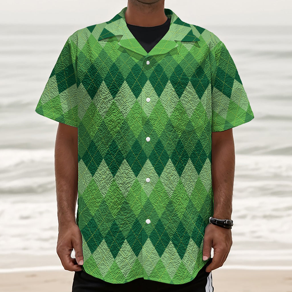 Grass Green Argyle Pattern Print Textured Short Sleeve Shirt