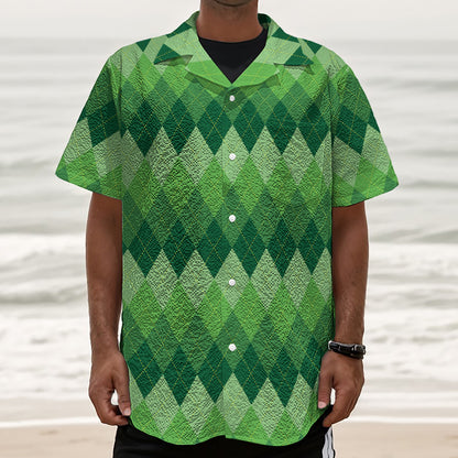 Grass Green Argyle Pattern Print Textured Short Sleeve Shirt