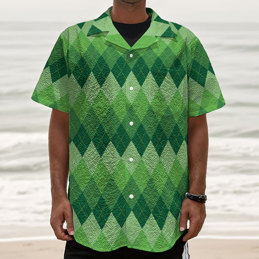 Grass Green Argyle Pattern Print Textured Short Sleeve Shirt