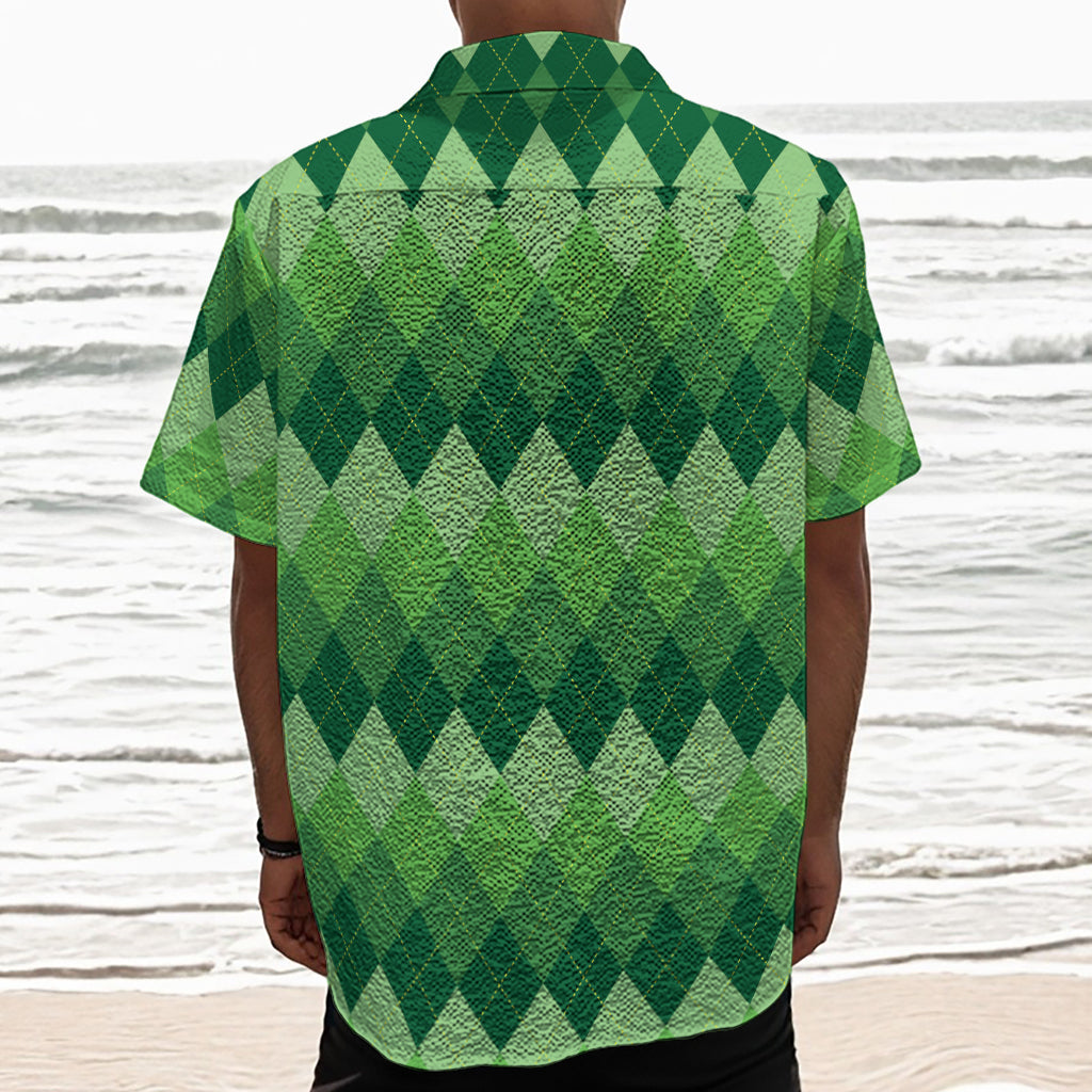 Grass Green Argyle Pattern Print Textured Short Sleeve Shirt