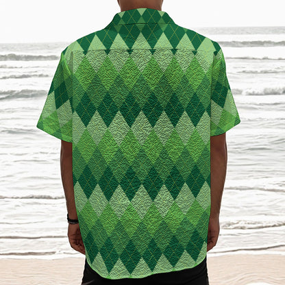 Grass Green Argyle Pattern Print Textured Short Sleeve Shirt
