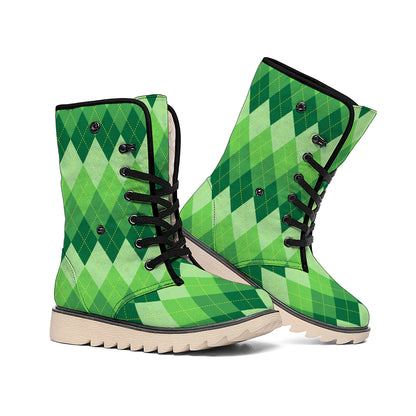 Grass Green Argyle Pattern Print Winter Boots