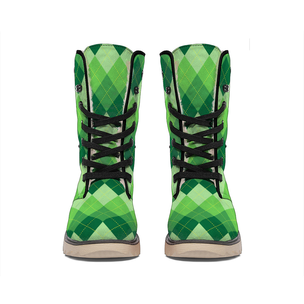 Grass Green Argyle Pattern Print Winter Boots