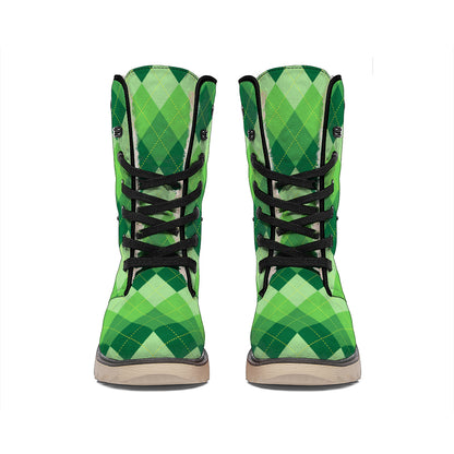 Grass Green Argyle Pattern Print Winter Boots