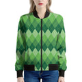 Grass Green Argyle Pattern Print Women's Bomber Jacket