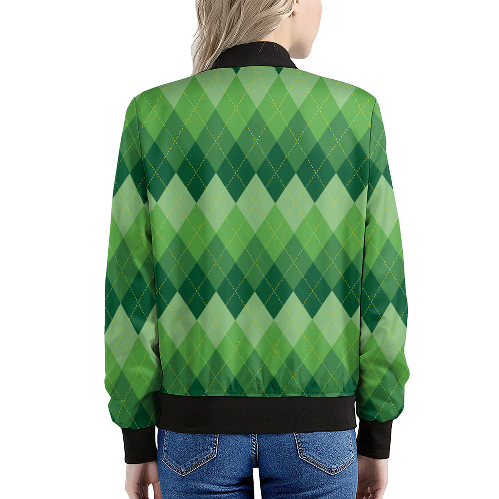 Grass Green Argyle Pattern Print Women's Bomber Jacket