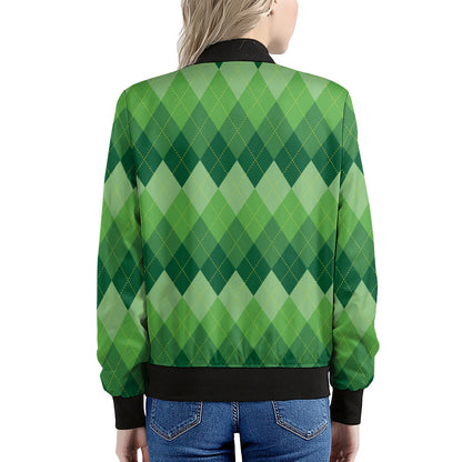 Grass Green Argyle Pattern Print Women's Bomber Jacket
