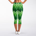 Grass Green Argyle Pattern Print Women's Capri Leggings