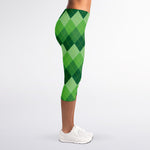 Grass Green Argyle Pattern Print Women's Capri Leggings
