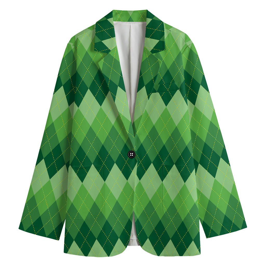 Grass Green Argyle Pattern Print Women's Cotton Blazer