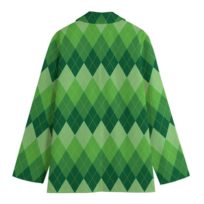 Grass Green Argyle Pattern Print Women's Cotton Blazer
