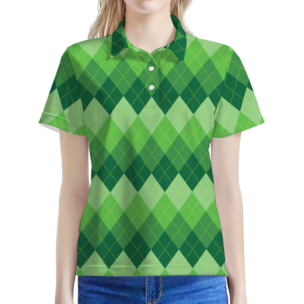 Grass Green Argyle Pattern Print Women's Polo Shirt
