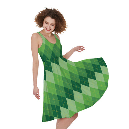 Grass Green Argyle Pattern Print Women's Sleeveless Dress