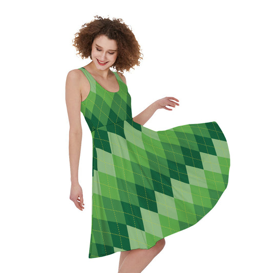 Grass Green Argyle Pattern Print Women's Sleeveless Dress