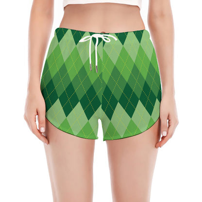 Grass Green Argyle Pattern Print Women's Split Running Shorts