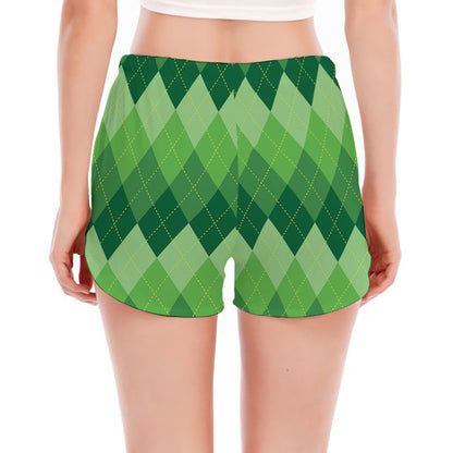 Grass Green Argyle Pattern Print Women's Split Running Shorts