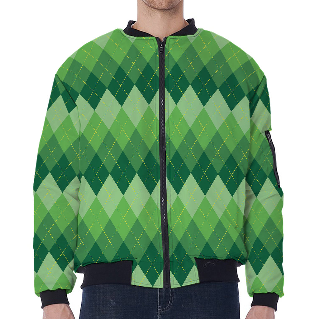 Grass Green Argyle Pattern Print Zip Sleeve Bomber Jacket
