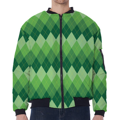 Grass Green Argyle Pattern Print Zip Sleeve Bomber Jacket