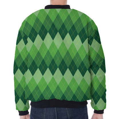 Grass Green Argyle Pattern Print Zip Sleeve Bomber Jacket