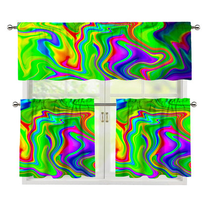 Green Abstract Liquid Trippy Print 3 Piece Kitchen Curtains